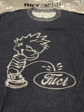 Fuct x SSDD Navy Crewneck Sweater "Pissed On" Limited Edition Calvin & Hobbes